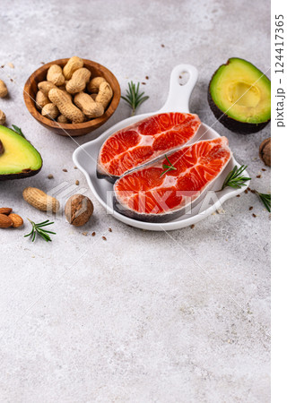 Healthy fat concept. Product with omega 3. Healthy fat concept. Product with omega 3. 124417365