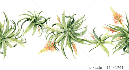 Seamless border of aloe vera plants with blooming orange flowers 124417614