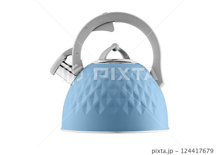 kettle with whistle, matte Blue color, with rhombus texture on isolated and white background 124417679