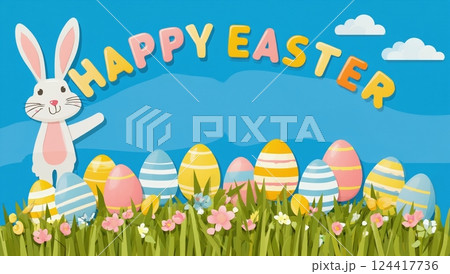 Happy Easter Bunny with Eggs in Grass Field Happy Easter Bunny with Eggs in Grass Field 124417736