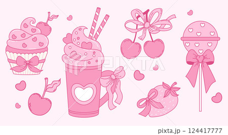 Vintage coquette aesthetic pink sweets and desserts with ribbon bow set. Romantic girly vibe. Vector illustration. Isolated Trendy elements food and berries perfect for design and decoration 124417777