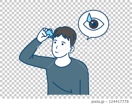眼藥水 — — 一位年輕男子滴眼藥水的插圖 124417778