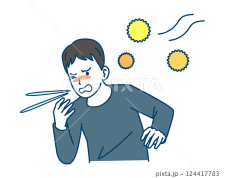 花粉症　くしゃみをする若い男性のイラスト 124417783