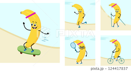 Cute Banana character. sport - cycling, nordic walking, scooter. skateboard, swimming. 124417837