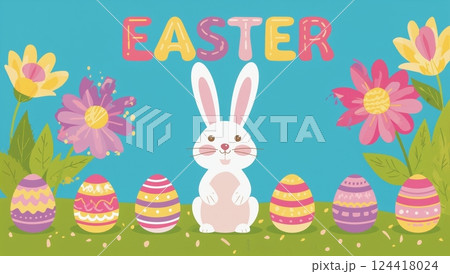 Easter Bunny Surrounded by Colorful Eggs and Tulips 124418024