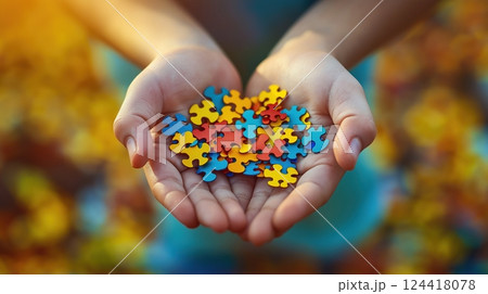 Hands Holding Colorful Puzzle Pieces  124418078