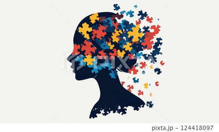 Womans Profile with Puzzle Pieces Womans Profile with Puzzle Pieces 124418097