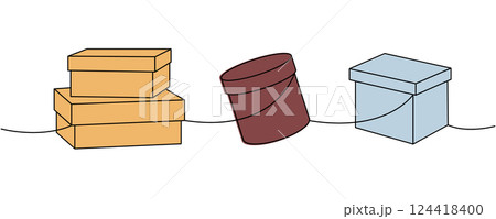 Present boxes one line colored continuous drawing. Carton delivery boxes. Vector illustration. 124418400