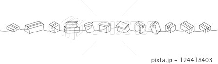 Set of cardboard boxes. Delivery boxes one line continuous drawing. Present gift boxes. Vector illustration. Set of cardboard boxes. Delivery boxes one line continuous drawing. Present gift boxes. Vector illustration. 124418403