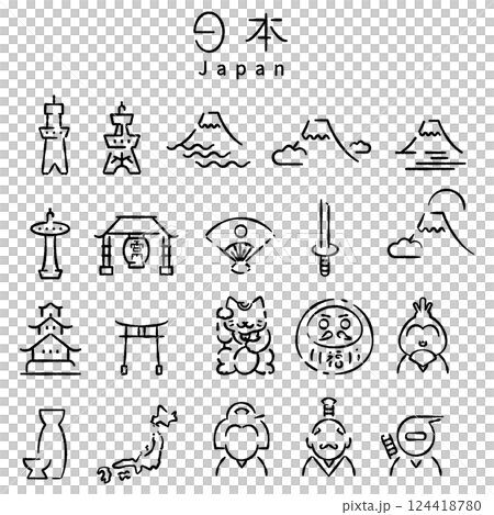 以線描風格設定的簡單日文圖標 124418780