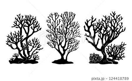 Illustrations of abstract coral formations showcasing intricate designs and varied shapes from underwater ecosystems in a stylized black silhouette format Illustrations of abstract coral formations showcasing intricate designs and varied shapes from underwater ecosystems in a stylized black silhouette format 124418789