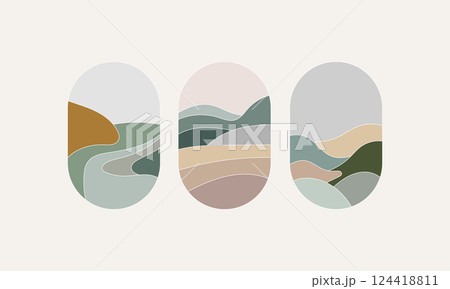 Minimal Abstract Landscape Nature Vector. A set of minimal vector illustrations featuring abstract landscapes with soft earthy tones. Minimal Abstract Landscape Nature Vector. A set of minimal vector illustrations featuring abstract landscapes with soft earthy tones. 124418811