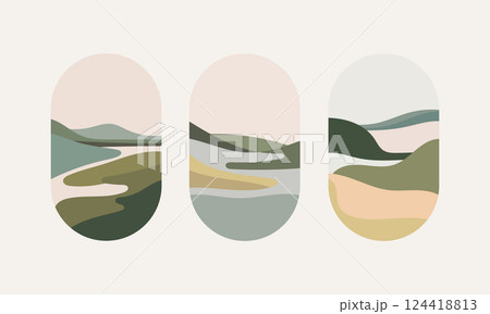 Minimal Abstract Landscape Nature Vector. A set of minimal vector illustrations featuring abstract landscapes with soft earthy tones. 124418813