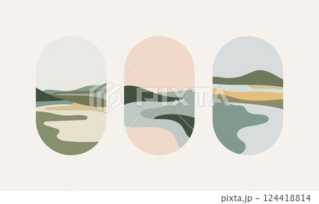 Minimal Abstract Landscape Nature Vector. A set of minimal vector illustrations featuring abstract landscapes with soft earthy tones. 124418814