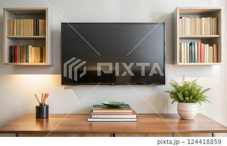 Wall-mounted TVs as a central element of modern interior design 124418859