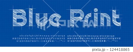 Digital blueprint font with hatching on project sketch grid. Technical industrial typography for engineering, architecture, construction projects. Vector typeset 124418865