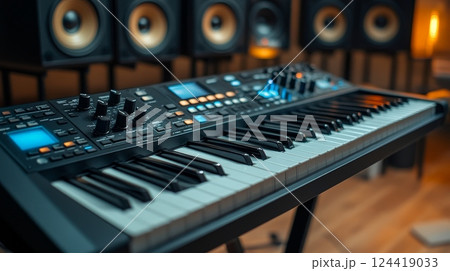 Music Studio Equipment with Synthesizer and Audio Mixers 124419033