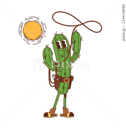 Cartoon groovy wild west western cactus character spinning the lasso rope. Isolated vector spiky cactus cowboy or bandit retro personage on country rodeo. Funny succulent rancher ready for adventures 124419099