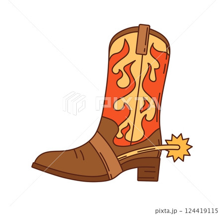 Cartoon groovy cowboy or cowgirl Wild west western boot. Isolated vector old fashioned footwear with high heel, pointed toe, spur and ornate designs, embodying rugged American ranch frontier spirit Cartoon groovy cowboy or cowgirl Wild west western boot. Isolated vector old fashioned footwear with high heel, pointed toe, spur and ornate designs, embodying rugged American ranch frontier spirit 124419115