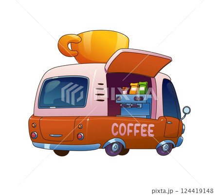 Food coffee truck car, festival street foodtruck van with giant coffee cup on top, serving fresh beverages. Mobile cafe, restaurant on wheels with open side panel revealing coffee machine and supplies 124419148