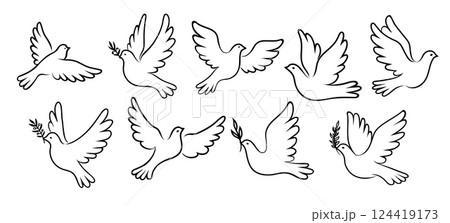 Christmas dove bird silhouettes, white pigeons with peace branch. Vector set of black and white linear doves, some carrying olive twigs, represent peace, freedom, love and spirituality in religion Christmas dove bird silhouettes, white pigeons with peace branch. Vector set of black and white linear doves, some carrying olive twigs, represent peace, freedom, love and spirituality in religion 124419173