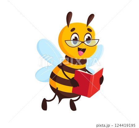 Cartoon honey bee character or cute honeybee reading book, vector animal mascot for kids. Funny bee or bumblebee in eyeglasses reading book, kids kindergarten education or preschool insect mascot 124419195
