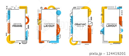 Memphis frame borders. Vector vertical templates, modern abstract geometric posters with hipster shapes. Vibrant backgrounds, cards with bold colors and playful patterns and retro futuristic flair 124419201