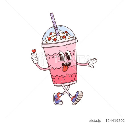 Cartoon groovy strawberry milkshake dessert character with a whipped cream, striped straw and dome lid. Isolated vector cheerful cup retro personage wearing sneakers and showing finger heart gesture 124419202