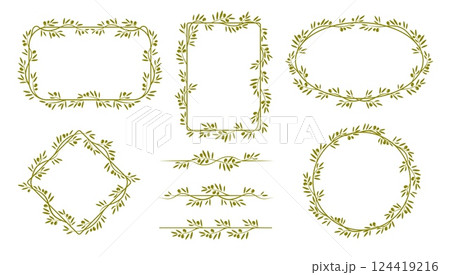 Green olive frames, dividers and borders of vector tree branches and leaves vintage pattern. Italian or greek vegetable oil, nature food and fruit plant frames with green olive tree branches wreaths Green olive frames, dividers and borders of vector tree branches and leaves vintage pattern. Italian or greek vegetable oil, nature food and fruit plant frames with green olive tree branches wreaths 124419216