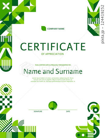 Vertical ecology certificate template with green geometric shapes. Environmental diploma template. Vector modern appreciation layout frame with a green abstract modular pattern and natural elements 124419252