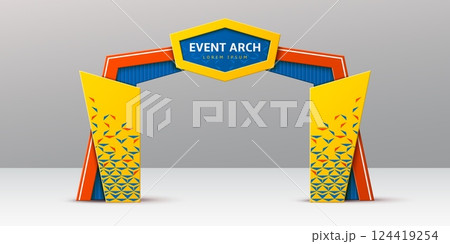 Blue, red and yellow event arch or entrance gate mockup, vector 3D template. Event arch for exhibition or expo entry welcome archway for sport marathon start and finish gate or concert entrance 124419254