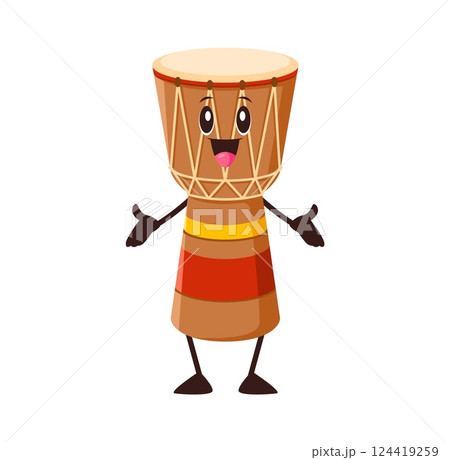 Cartoon funny African drum musical instrument character. Isolated vector tribal djembe, percussion musical instrument personage for music school educational classes, kids, folk performance or concert 124419259