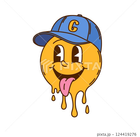 Cartoon groovy melt smile face character wears sport cap has a goofy expression with its tongue sticking out. Isolated vector yellow dripping emoji, melting psychedelic facial emoticon with funky vibe Cartoon groovy melt smile face character wears sport cap has a goofy expression with its tongue sticking out. Isolated vector yellow dripping emoji, melting psychedelic facial emoticon with funky vibe 124419276