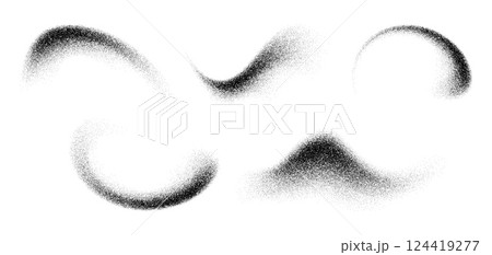 Noise grain wave spray, texture grainy dot brushes with smooth, gradient shading effects. Vector set of irregularly shaped black dust, sand or particle scattered specks, abstract, textural pattern 124419277