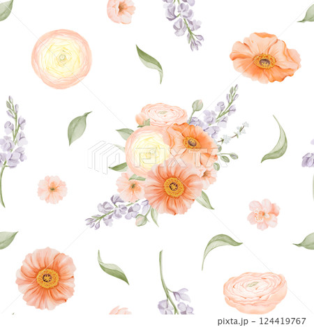 Spring Flowers Seamless Pattern. Hand drawn Watercolor Illustration of Iceland Poppy, Ranunculus, Freesia and Peach or Cherry blossom. For fabric or textile prints, gift packaging paper. 124419767