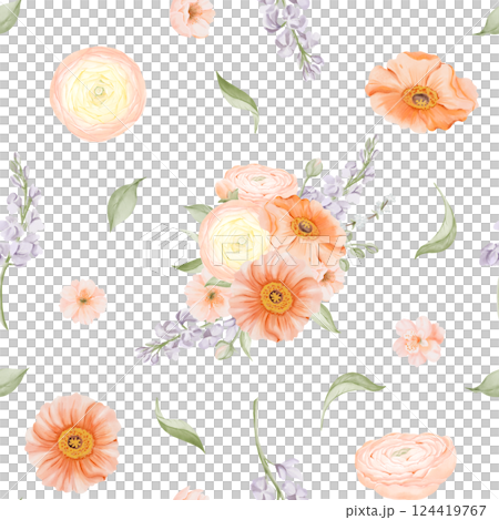 Spring Flowers Seamless Pattern. Hand drawn Watercolor Illustration of Iceland Poppy, Ranunculus, Freesia and Peach or Cherry blossom. For fabric or textile prints, gift packaging paper. 124419767