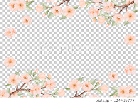 Peach or Cherry Flowers horizontal square Frame. Spring Blossoming Branches. Card template. Hand drawn watercolor illustration on a white background. Ideal for greeting cards and invitations. 124419777