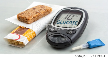 Snack Wrapper and Glucose Meter A closeup of a cled snack wrapper next to a glucose meter showing an alarming reading highlighting poor choices made during tiredness.. 124419961