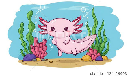 Cartoon illustration of a funny axolotl 124419998