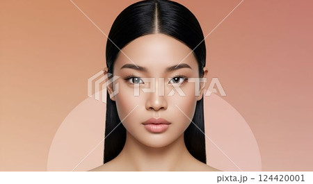 Portrait of a dark-haired model woman on a pink background 124420001