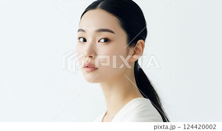 Portrait of a young beautiful woman with dark hair on a light background 124420002