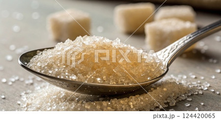 Sugar Granules on a S A closeup of a metal s filled with sparkling sugar granules with a soft focus on the background emphasizing the texture and shine of the sugar.. 124420065