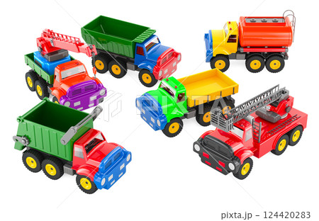 Trucks Toy. Dump, cargo truck, crane truck, water truck, fire truck, garbage truck toys, 3D rendering Trucks Toy. Dump, cargo truck, crane truck, water truck, fire truck, garbage truck toys, 3D rendering 124420283