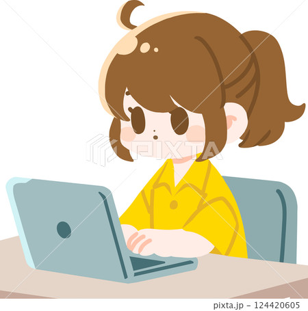 ノートパソコンで作業をするポニーテールの女性　主線なし 124420605