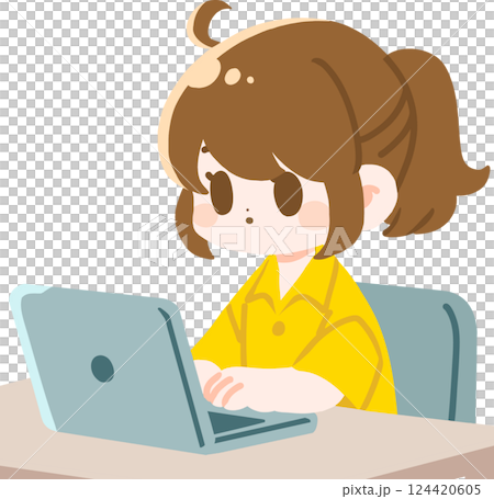 一名綁著馬尾辮的女子正在使用筆記型電腦（無主線） 124420605