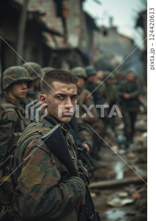World war II style soldiers in camouflage uniforms amidst a war-torn eastern european town World war II style soldiers in camouflage uniforms amidst a war-torn eastern european town 124420613