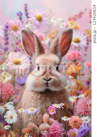 Adorable easter bunny wearing sunglasses surrounded by bright spring flowers 124420619