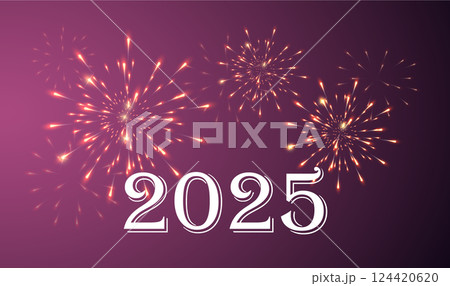 2025 New Year with festive fireworks explosionson on dark background	 124420620