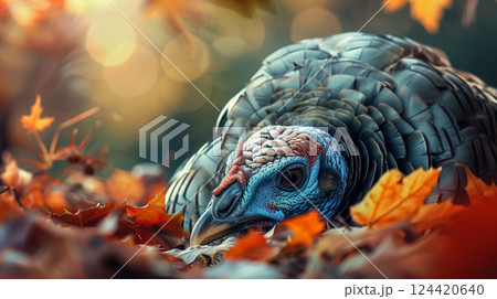 Majestic turkey resting on colorful autumn leaves - perfect for animal wallpaper Majestic turkey resting on colorful autumn leaves - perfect for animal wallpaper 124420640