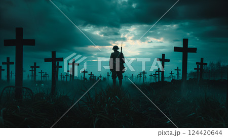 A soldier standing before an endless field of black crosses in world war I A soldier standing before an endless field of black crosses in world war I 124420644
